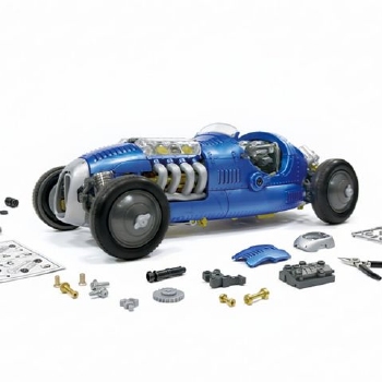 Blauwe retro racewagen bouwpakket met werkende V8 motor en bewegende zuigers, 4 versnellingen