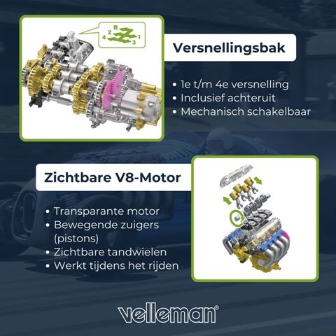 Blauwe retro racewagen bouwpakket met werkende V8 motor en bewegende zuigers, 4 versnellingen