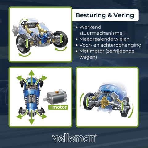 Blauwe retro racewagen bouwpakket met werkende V8 motor en bewegende zuigers, 4 versnellingen