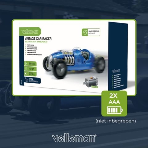 Blauwe retro racewagen bouwpakket met werkende V8 motor en bewegende zuigers, 4 versnellingen