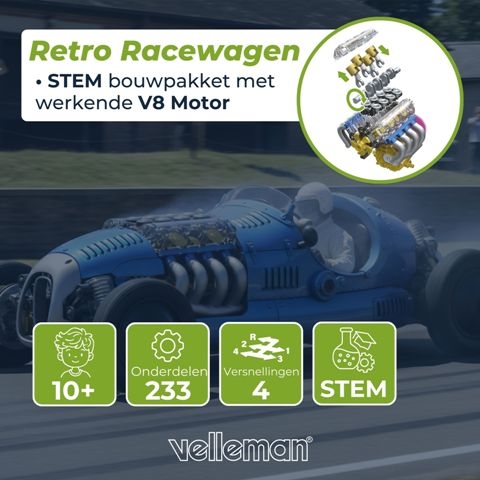 Blauwe retro racewagen bouwpakket met werkende V8 motor en bewegende zuigers, 4 versnellingen